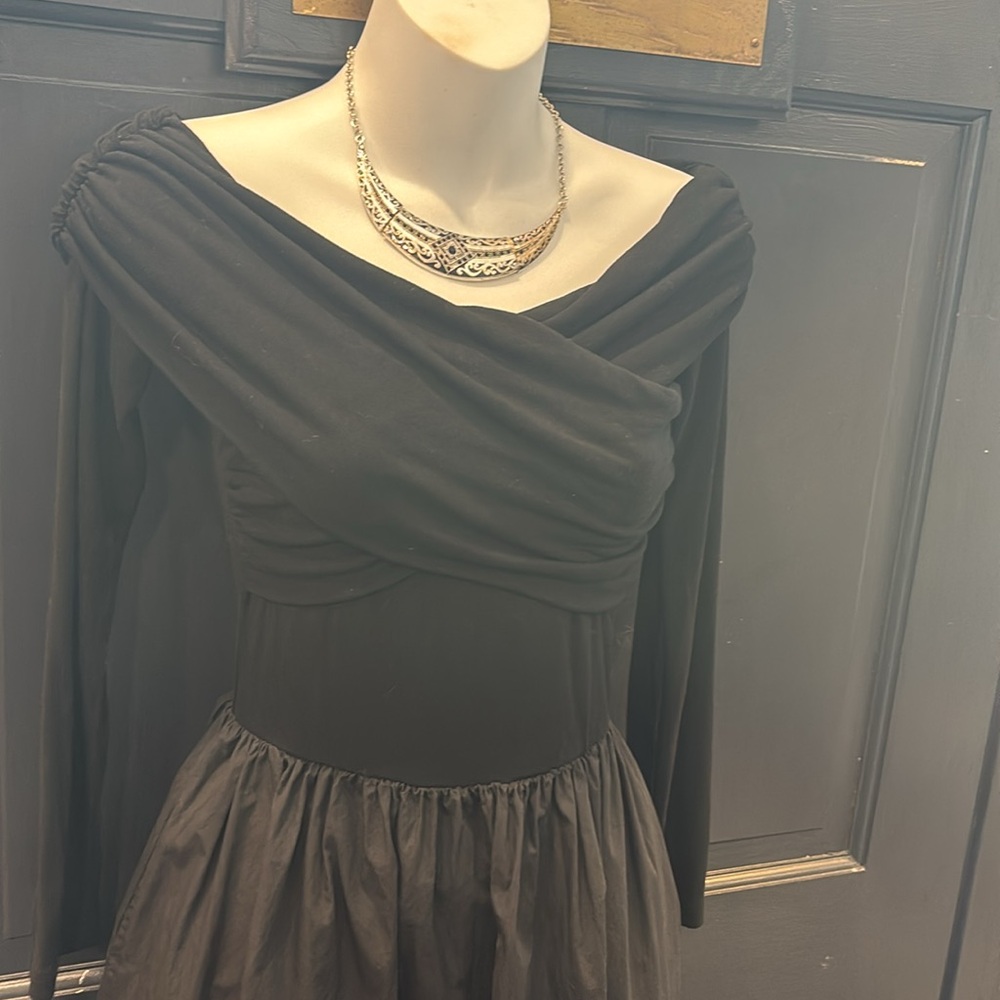 Black Long-Sleeve Draped Neck A-Line Dress - Picture 10 of 11